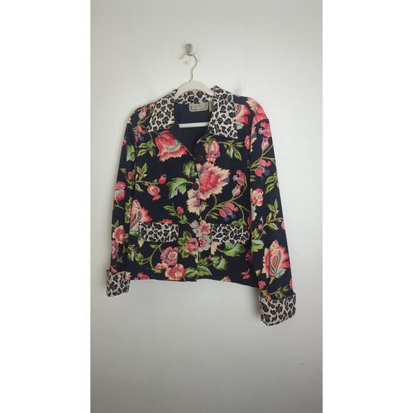 Boho Chic Button Down Cropped Blazer Cheetah & Bright Floral Print Women's L - Picture 8 of 8